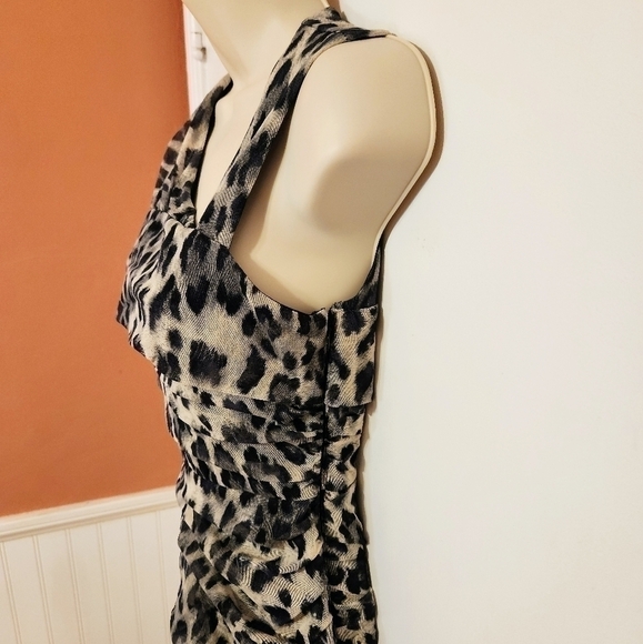 Allen B Cheetah Print Mesh Ruched Asymmetrical Mini Dress Black Beige X Small - Picture 4 of 12